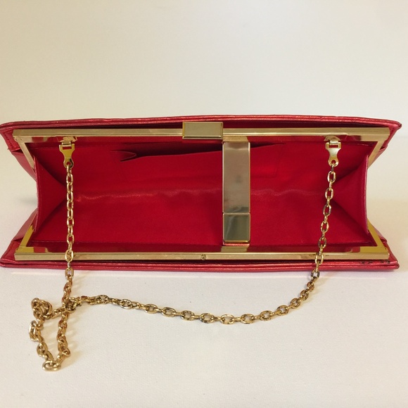 Scarlet Red Evening Party Sequins Clutch Gold Chain - Picture 4 of 9